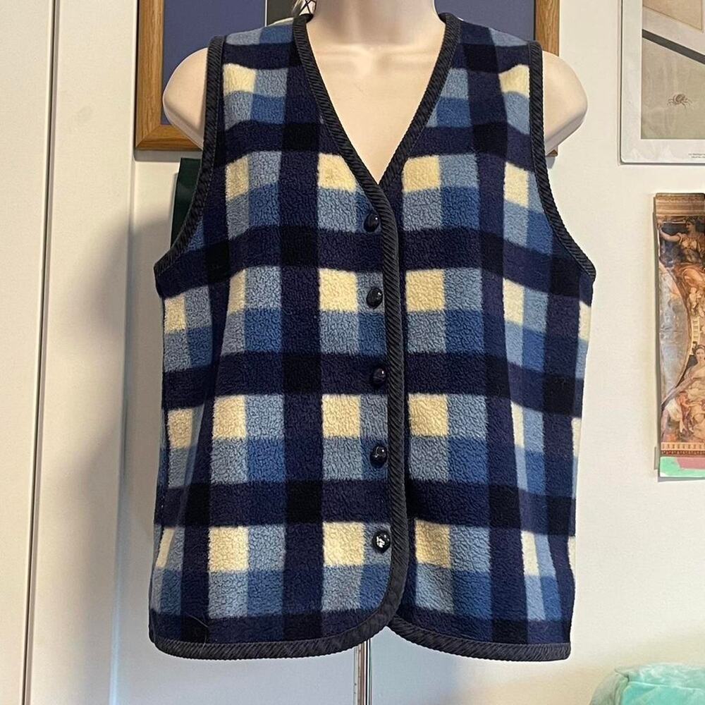 Navy blue plaid fleece vest